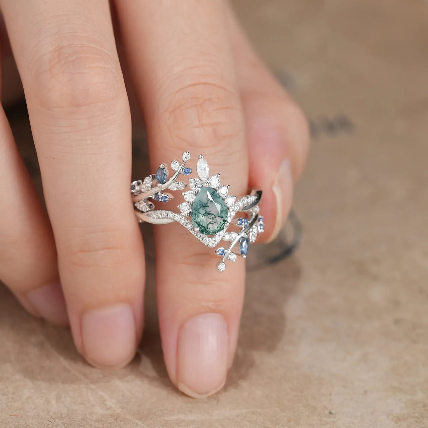 Moss Agate and Sapphire Crown Leaf Ring Set