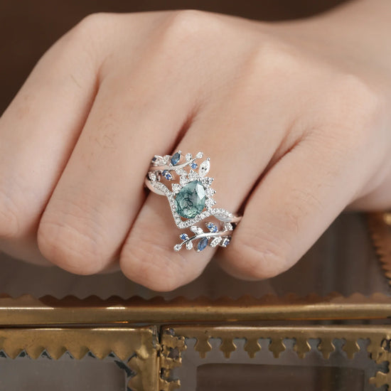 Moss Agate and Sapphire Crown Leaf Ring Set