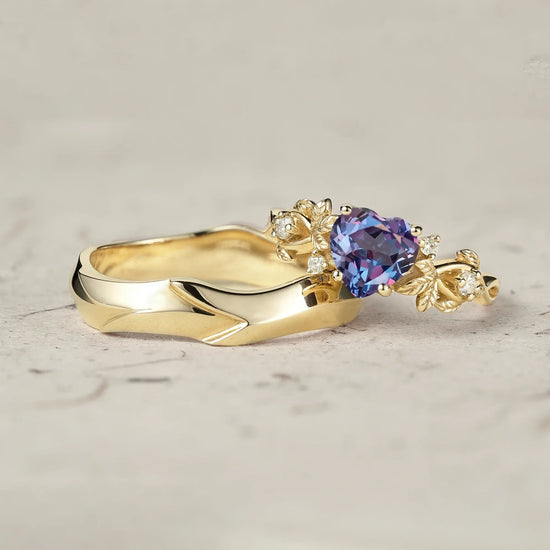 Heart Shaped Alexandrite Leaf Couple Ring