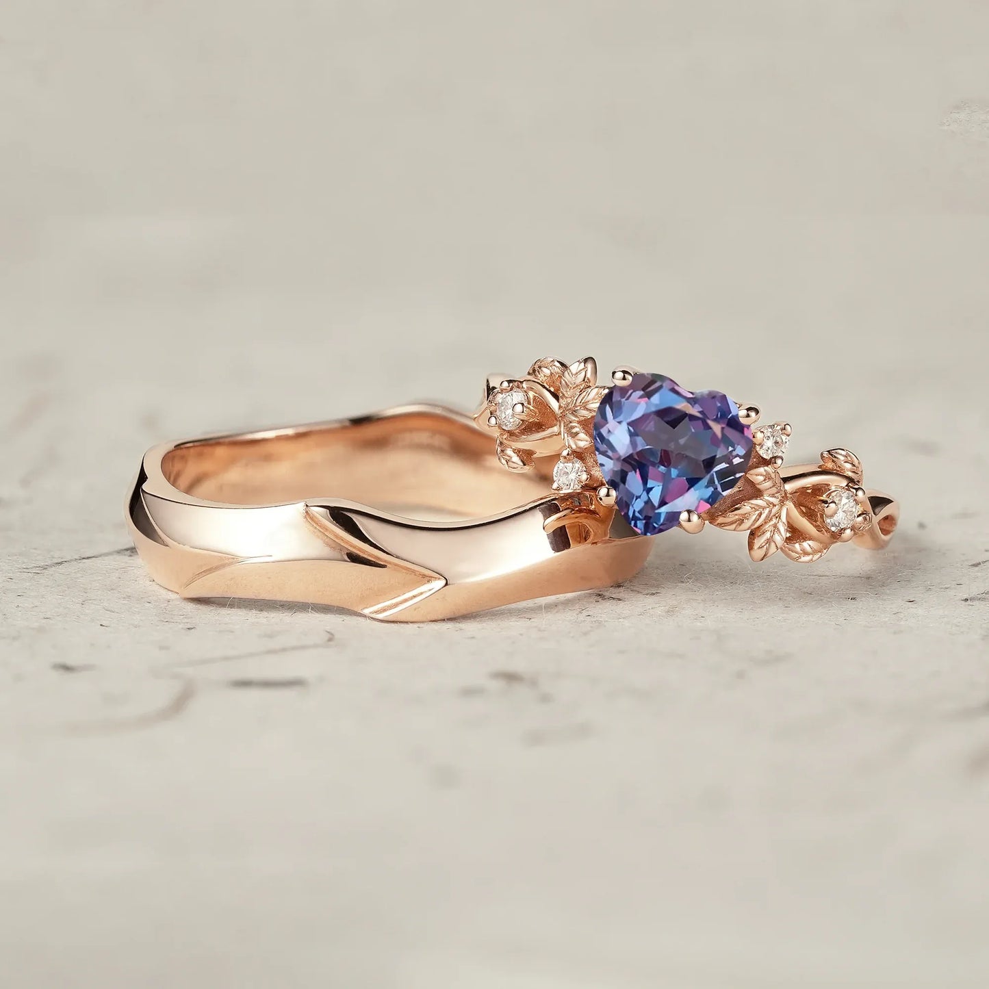 Heart Shaped Alexandrite Leaf Couple Ring