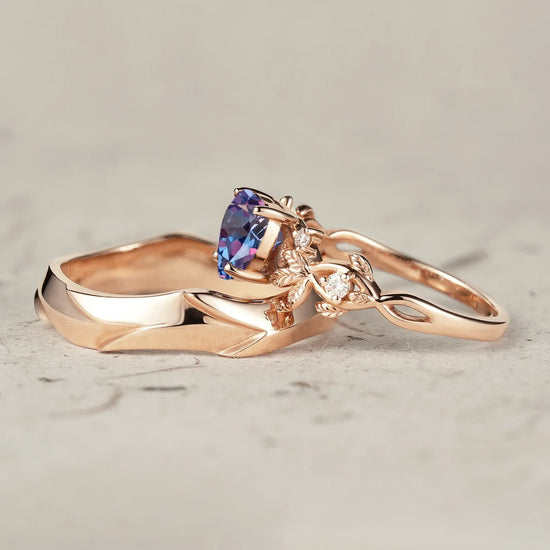 Heart Shaped Alexandrite Leaf Couple Ring