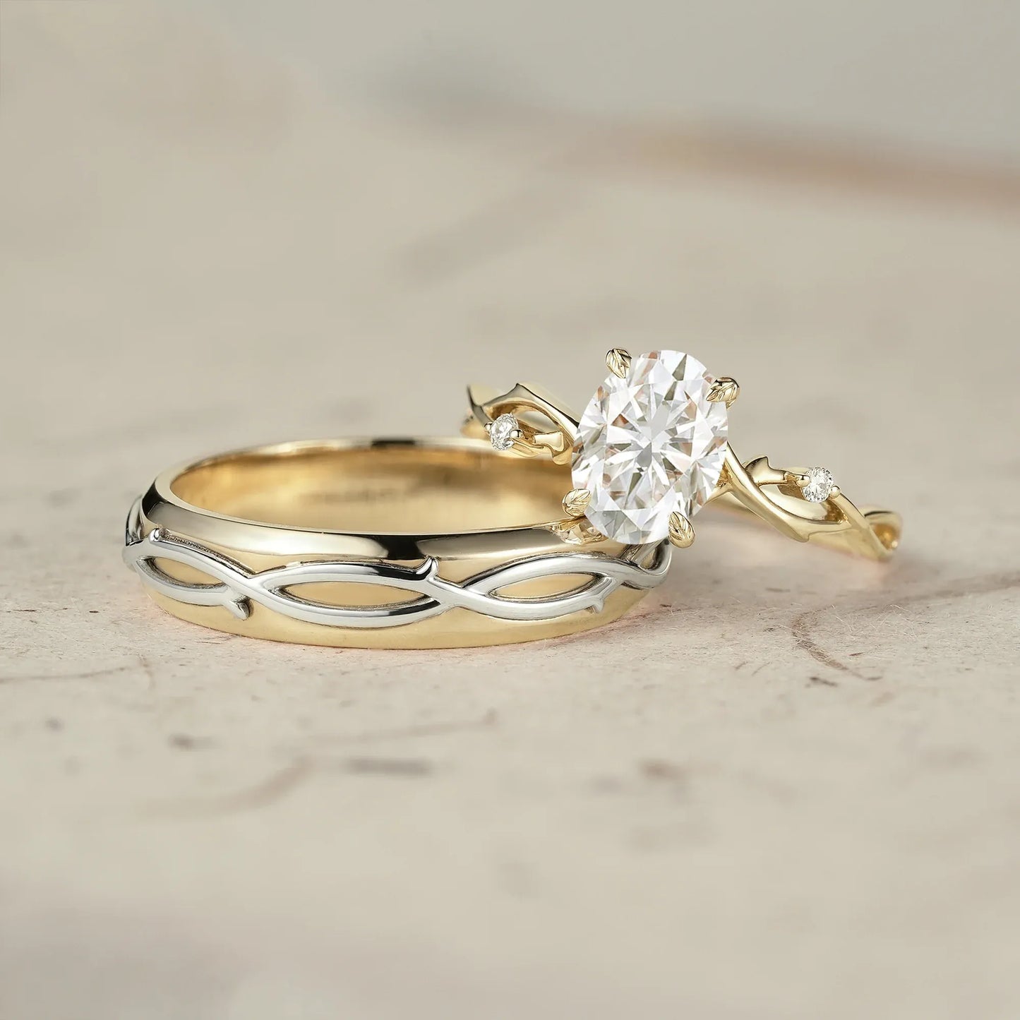 Oval-Cut Rose Gold Vine Couple’s Ring Set