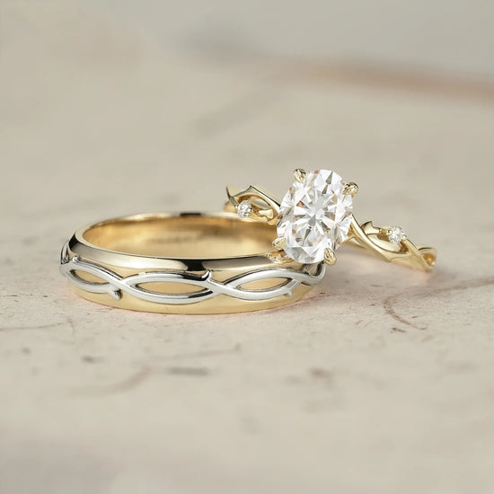 Oval-Cut Rose Gold Vine Couple’s Ring Set
