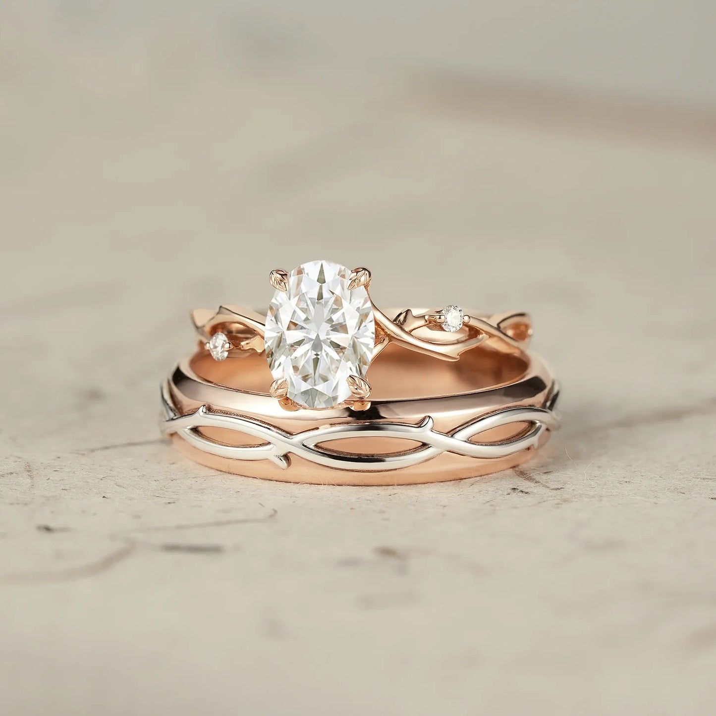 Oval-Cut Rose Gold Vine Couple’s Ring Set