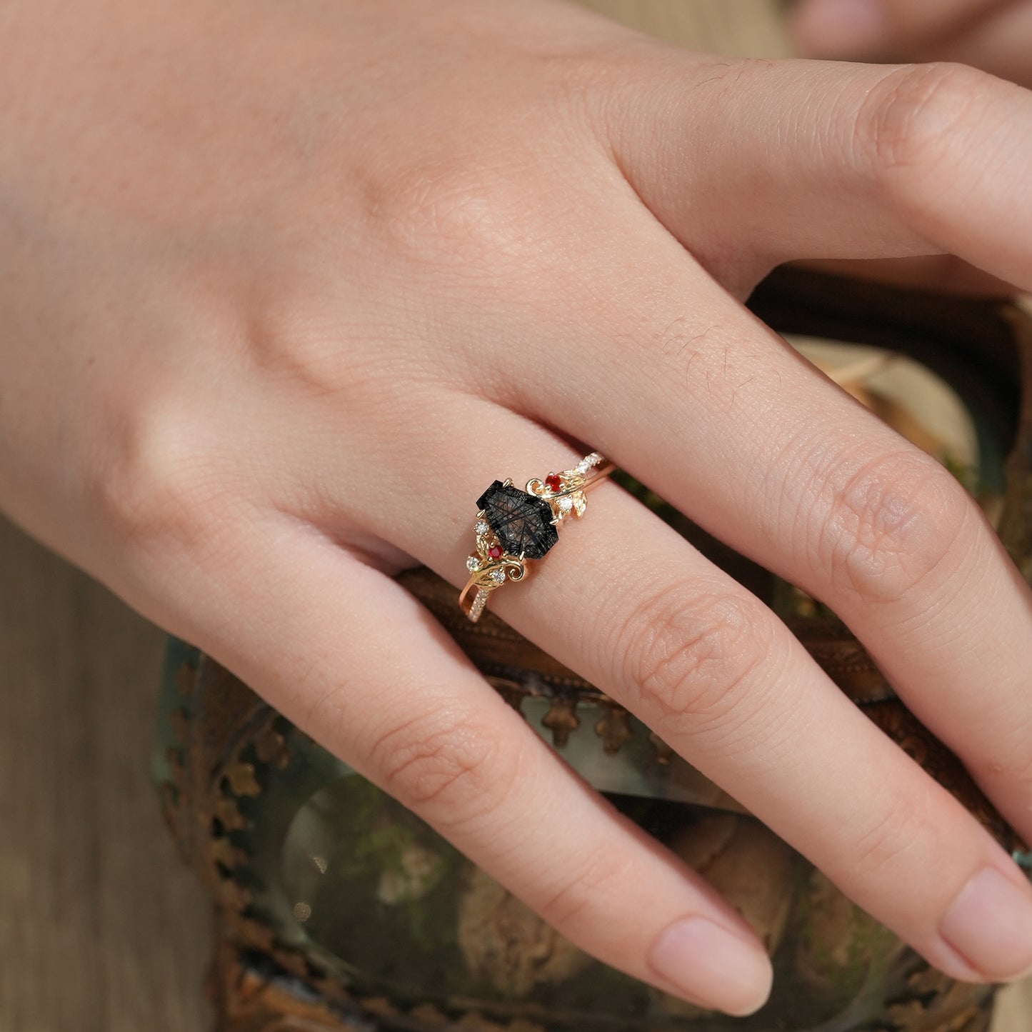 Coffin Cut Black Rutilated Quartz Leaf Ring-Sylvie
