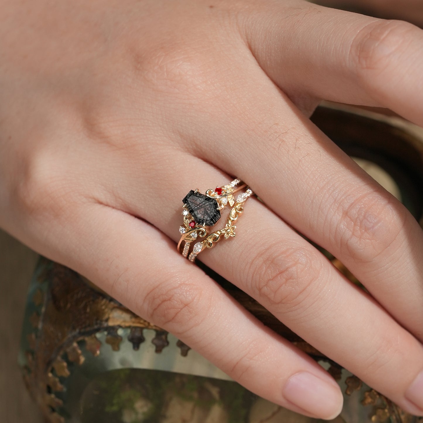 Leaf-Inspired Black Rutilated Quartz Bridal Set-Lio