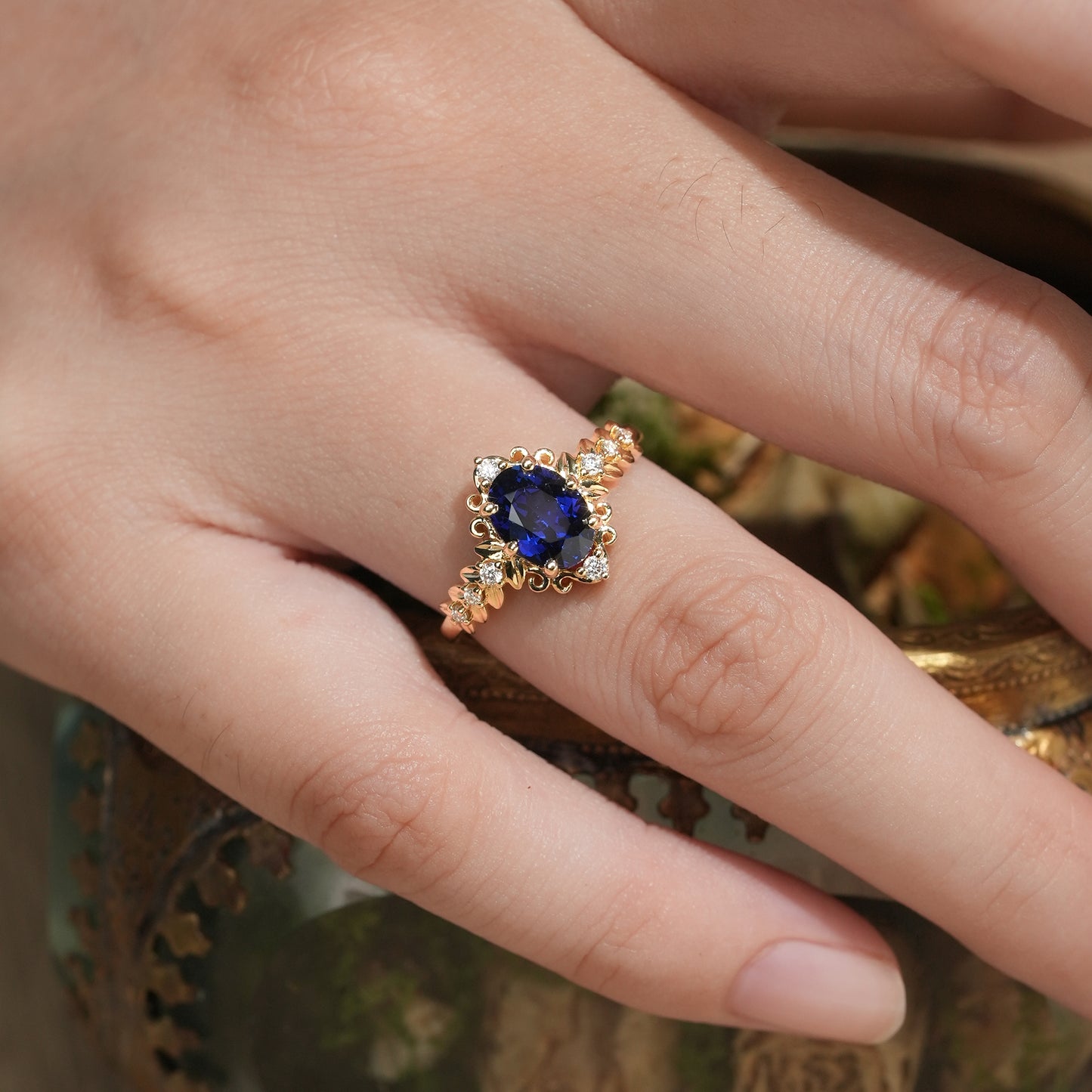 Elegant Royal Blue Sapphire Filigree Leaf Engagement Ring - Odette