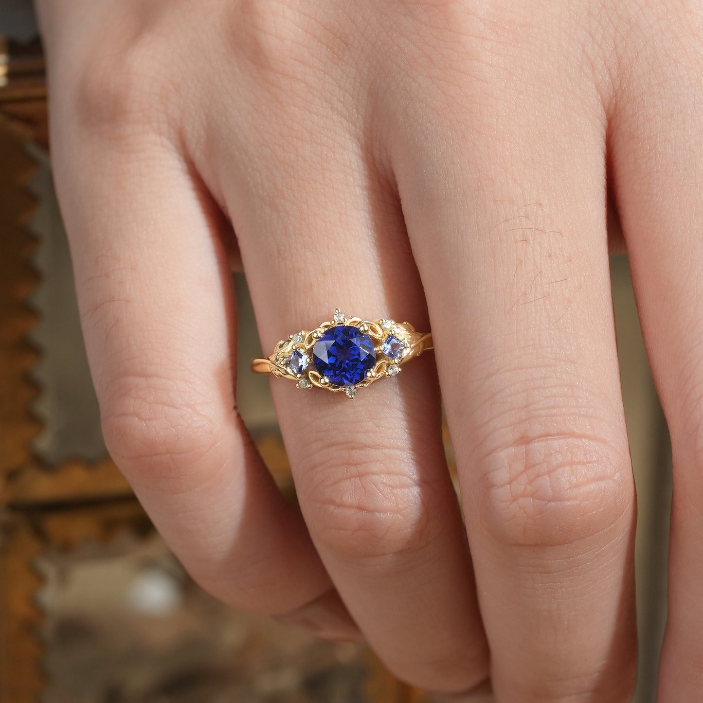 Three Stone Royal Blue Sapphire Engagement Ring - Estelle