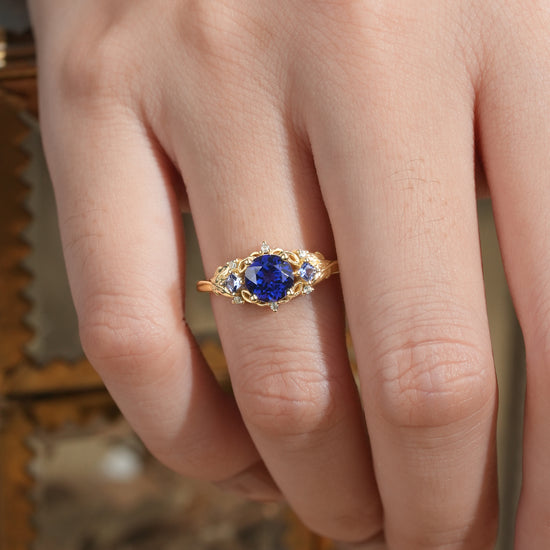 Three Stone Royal Blue Sapphire Engagement Ring - Estelle