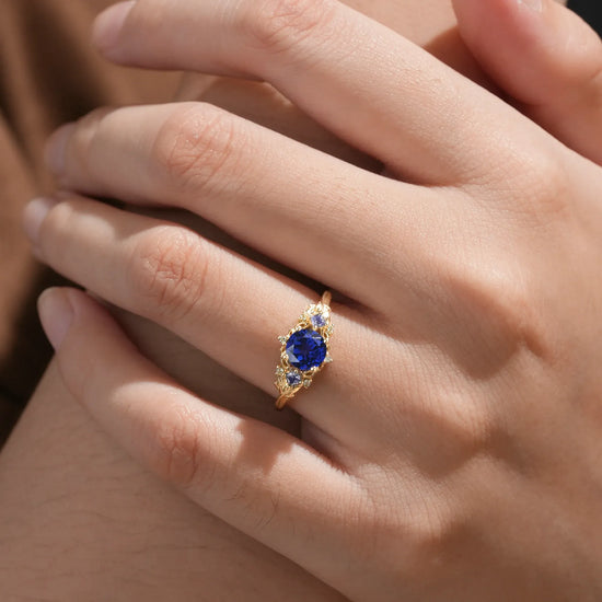 Three Stone Royal Blue Sapphire Engagement Ring