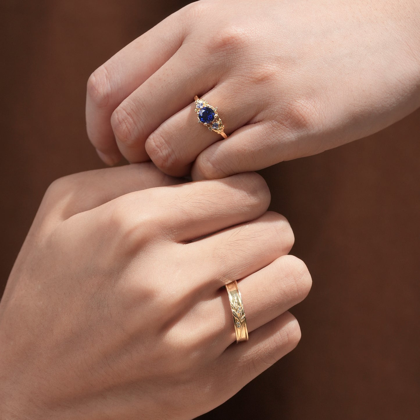 Three-Stone Royal Blue Sapphire Leaf Couple Rings - Infinite Unity