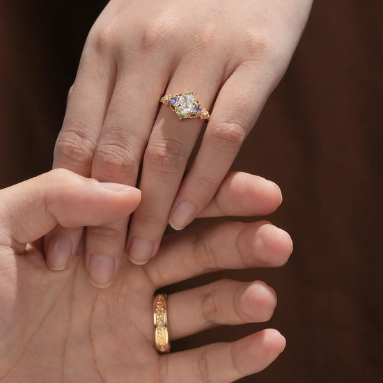 Three-Stone Moissanite Leaf Couple Rings