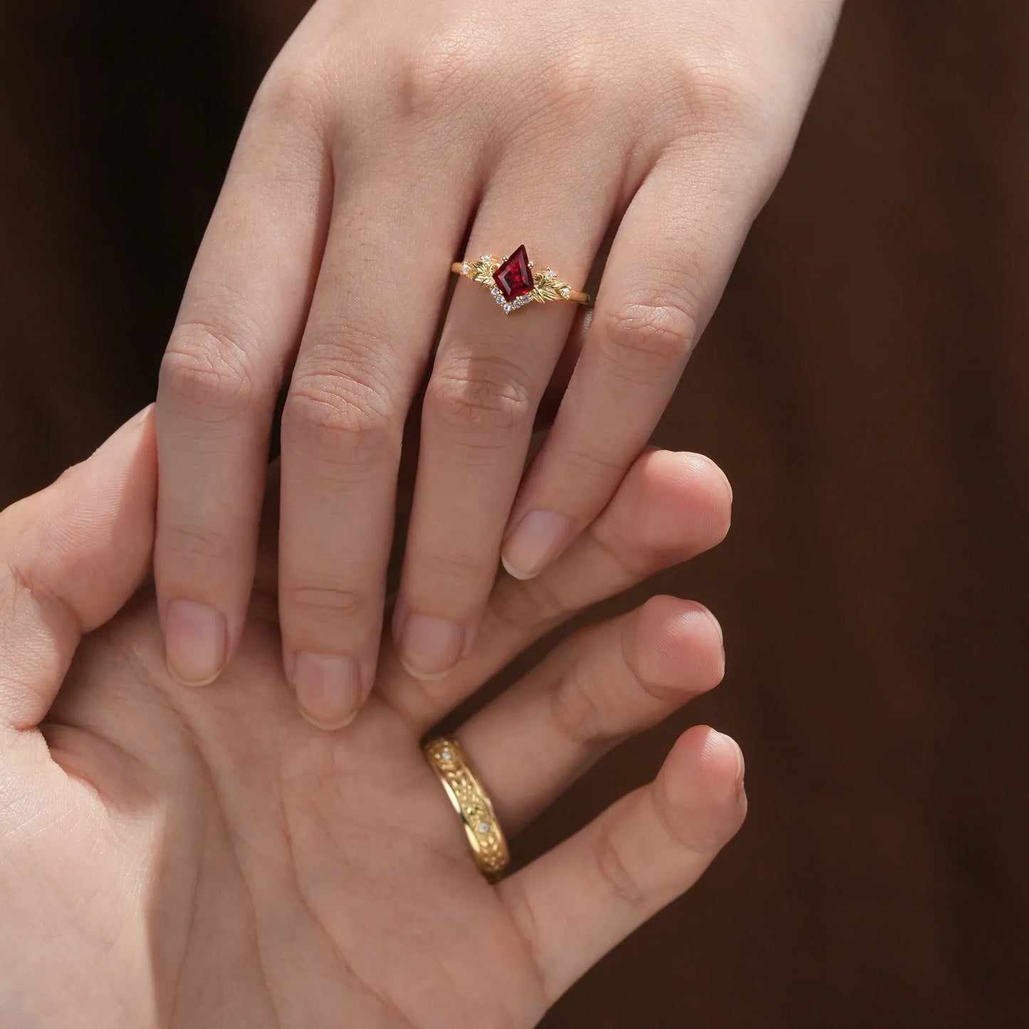 Ruby and Moissanite Leaf Couple Rings