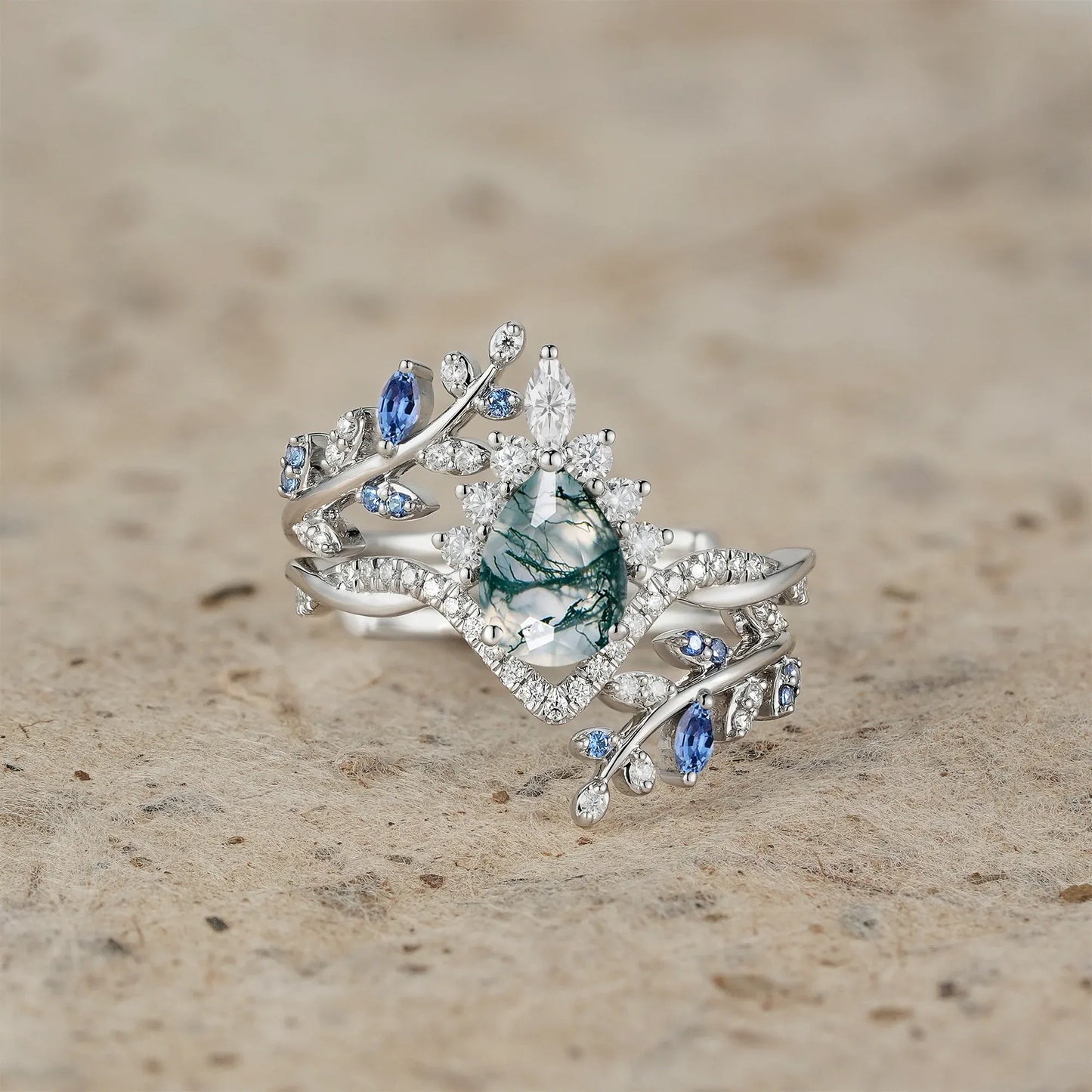 Moss Agate and Sapphire Crown Leaf Ring Set