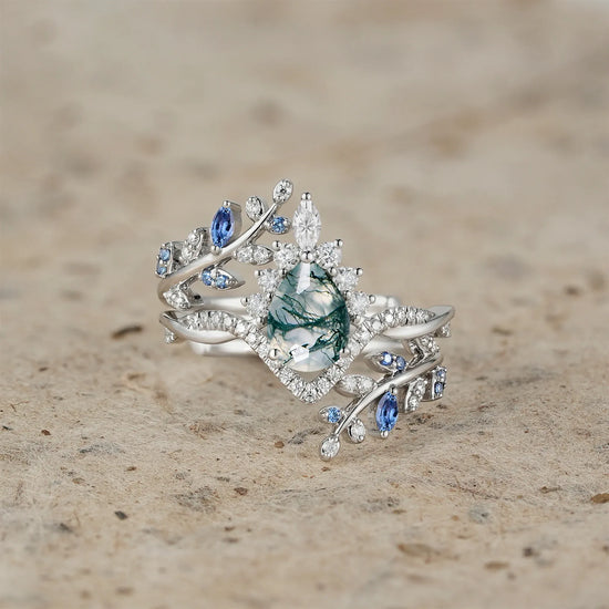 Moss Agate and Sapphire Crown Leaf Ring Set