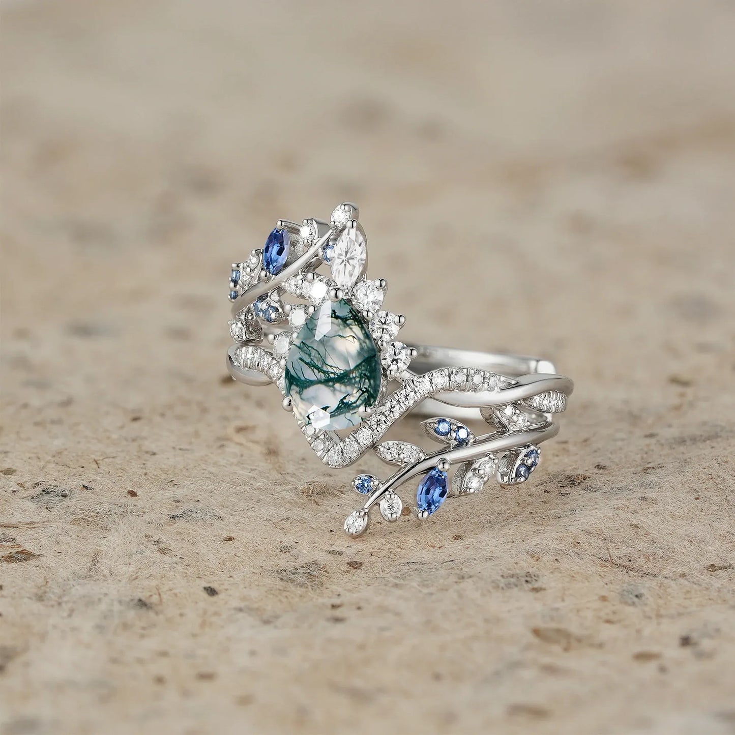 Moss Agate and Sapphire Crown Leaf Ring Set
