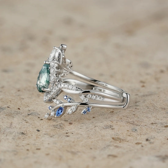 Moss Agate and Sapphire Crown Leaf Ring Set