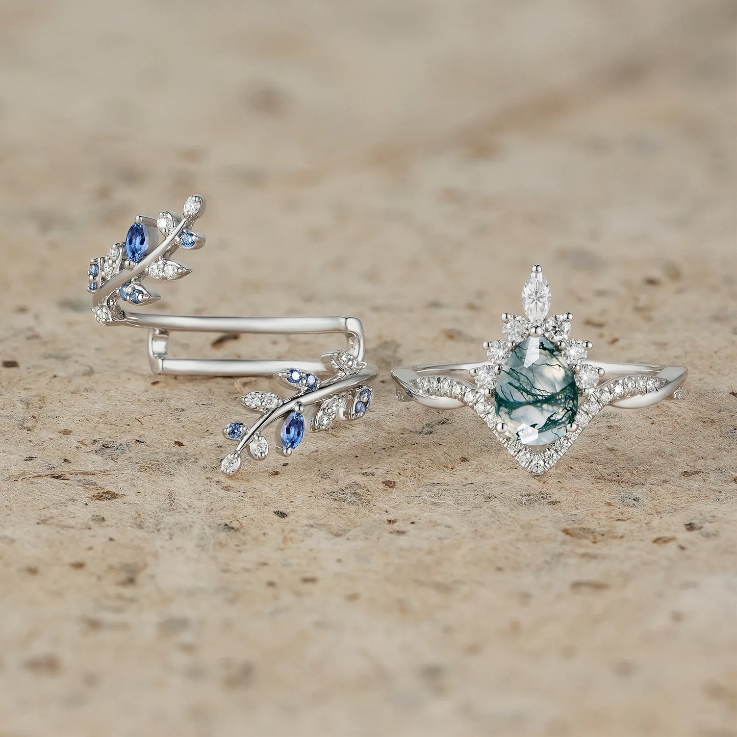 Moss Agate and Sapphire Crown Leaf Ring Set