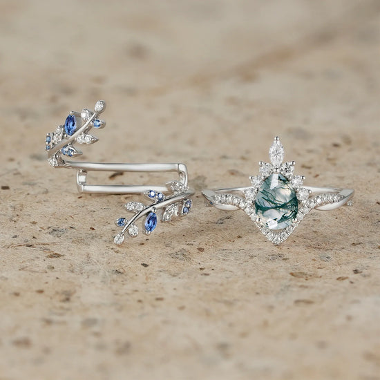 Moss Agate and Sapphire Crown Leaf Ring Set
