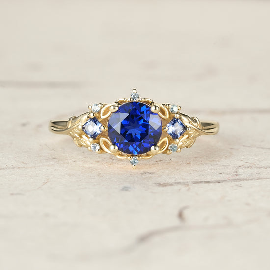 Three Stone Royal Blue Sapphire Engagement Ring - Estelle