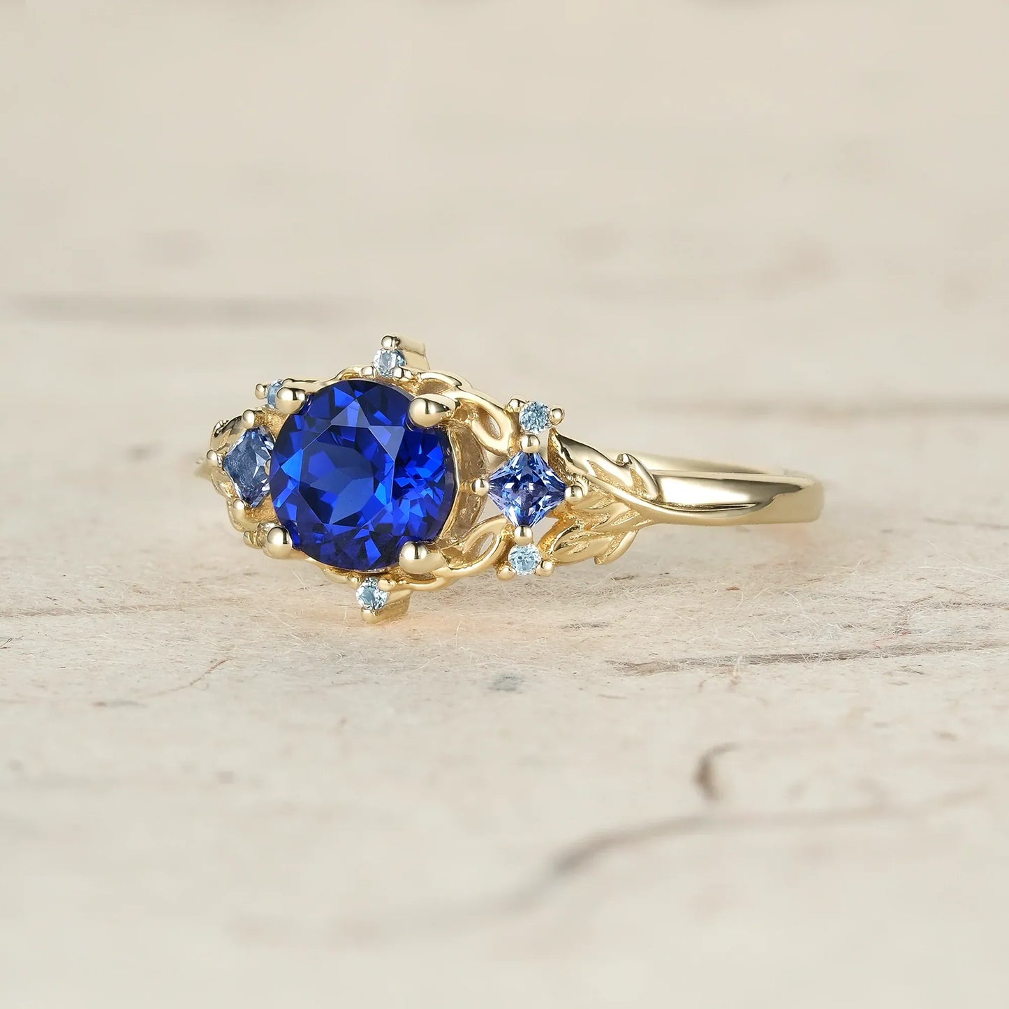 Three Stone Royal Blue Sapphire Engagement Ring