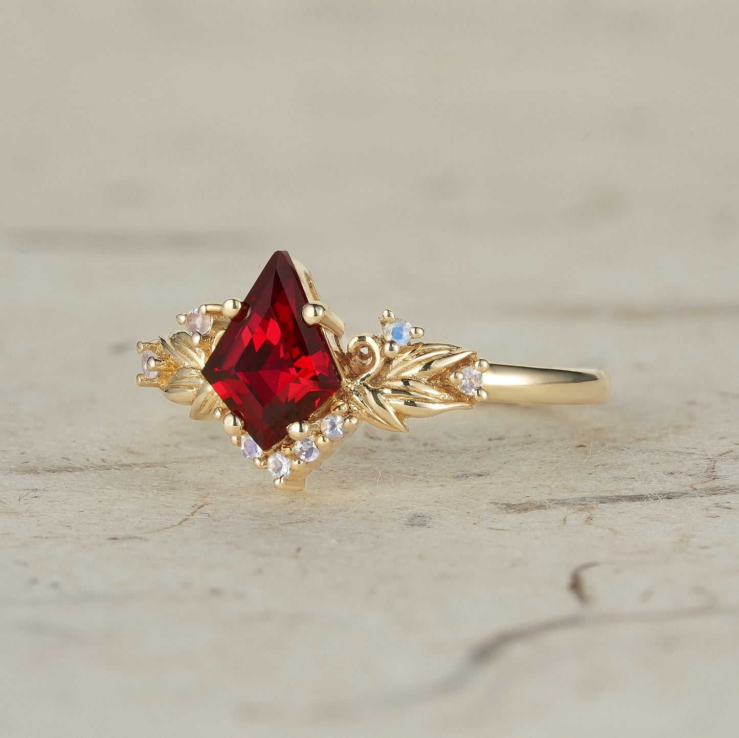 Eternal Flame: Ruby and Moonstone Leaf Ring - Brielle