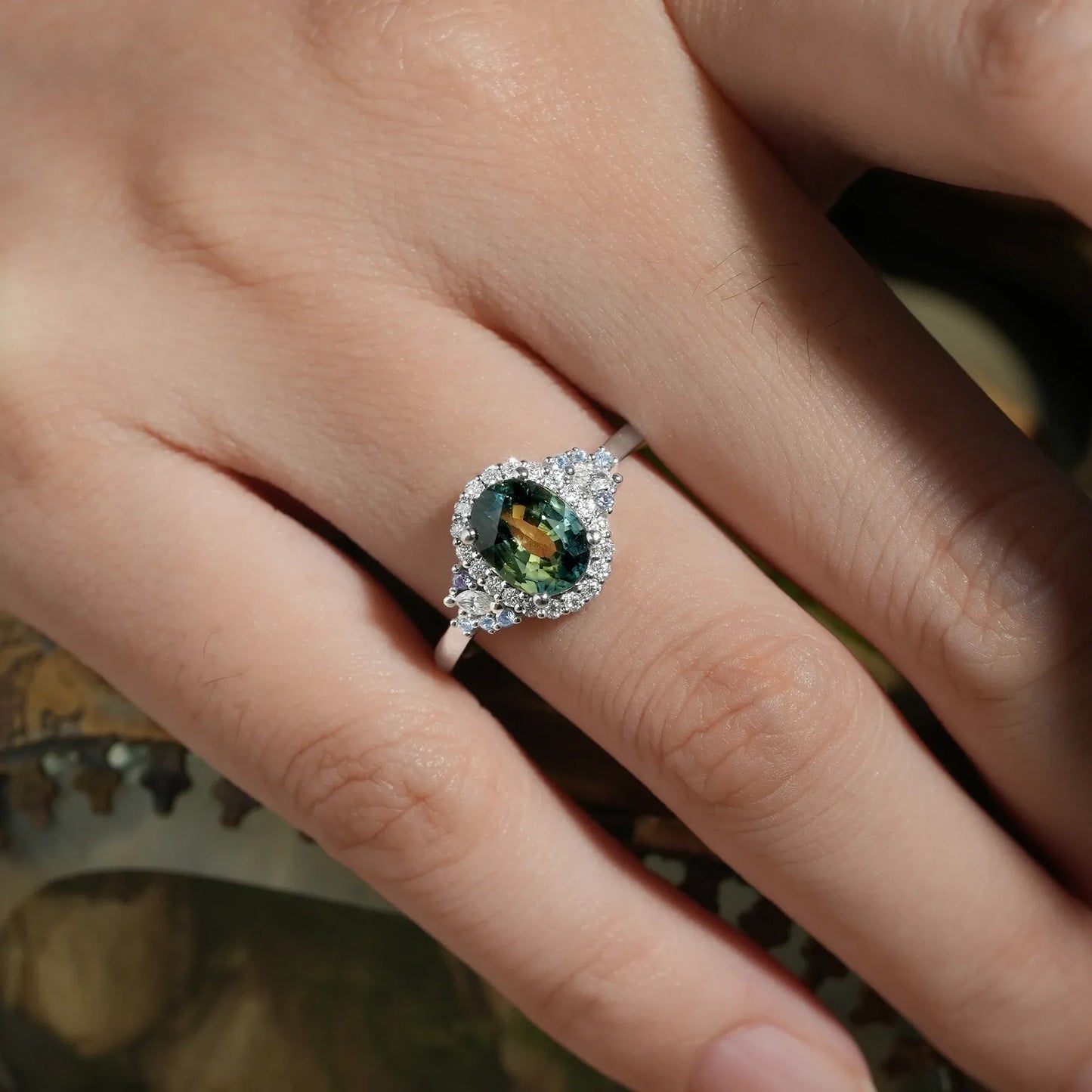 Halo Teal Sapphire Rings