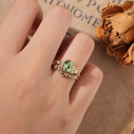 Oval Green Sapphire Engagement Ring Set 2pcs