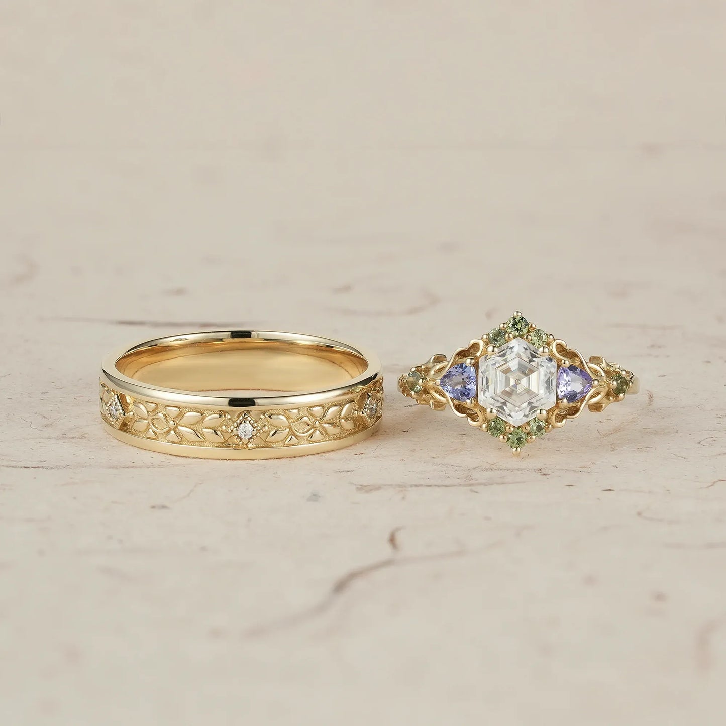 Three-Stone Moissanite Leaf Couple Rings