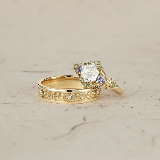 Three-Stone Moissanite Leaf Couple Rings