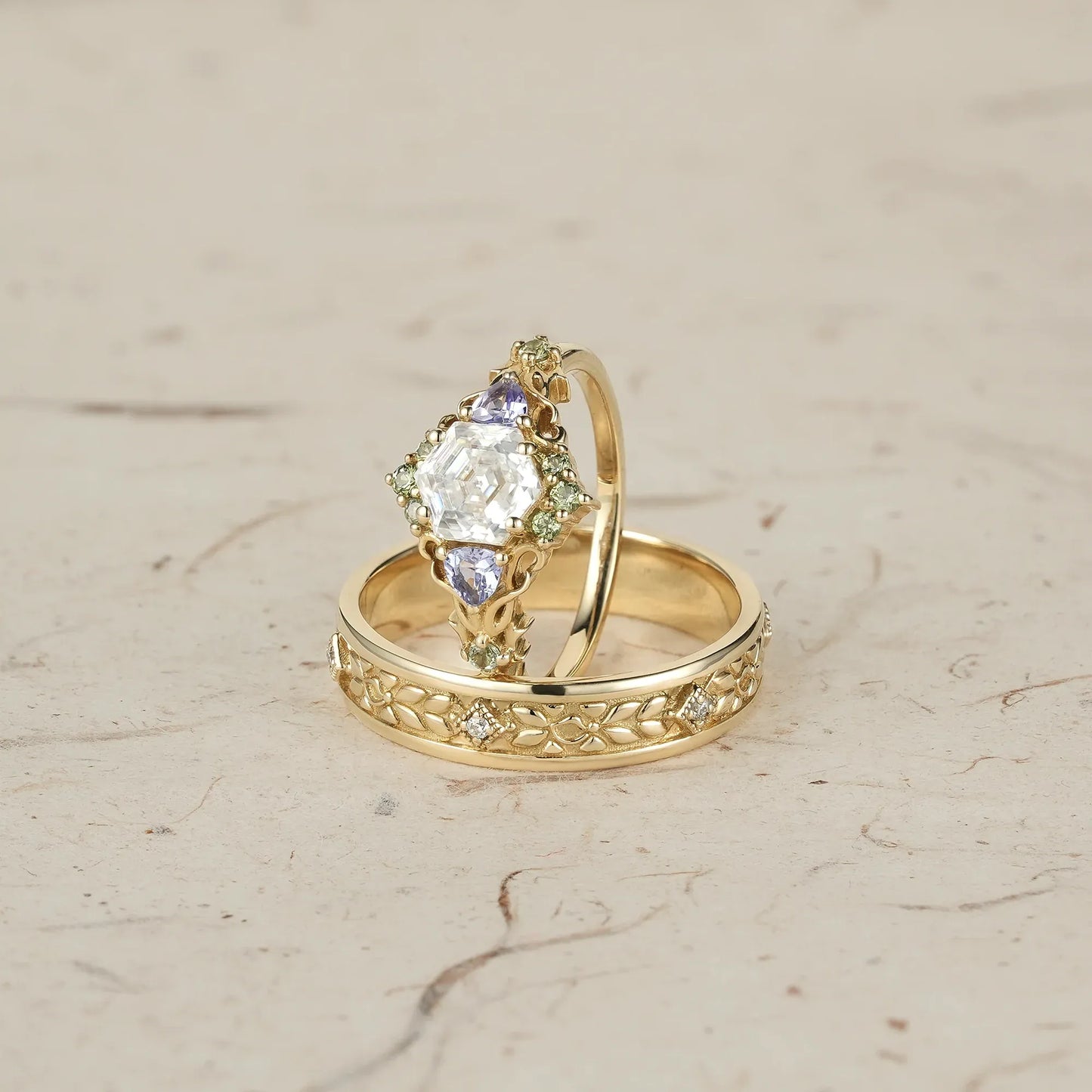 Three-Stone Moissanite Leaf Couple Rings