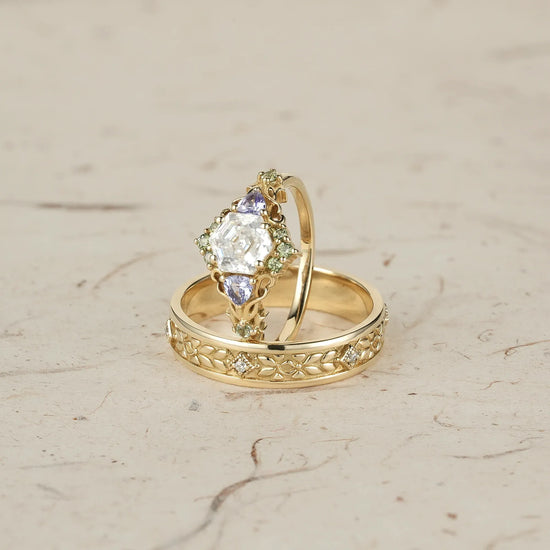 Three-Stone Moissanite Leaf Couple Rings