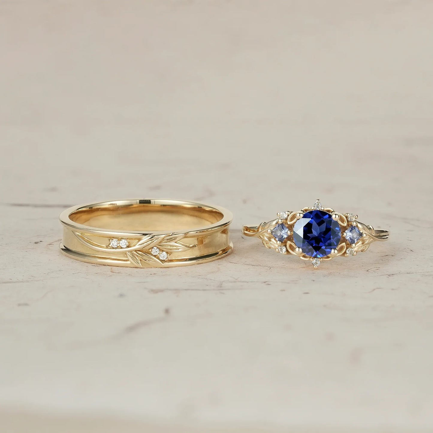 Three-Stone Royal Blue Sapphire Leaf Couple Rings