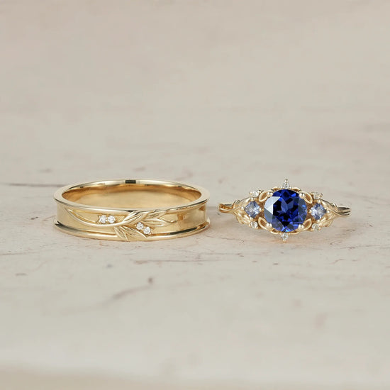 Three-Stone Royal Blue Sapphire Leaf Couple Rings