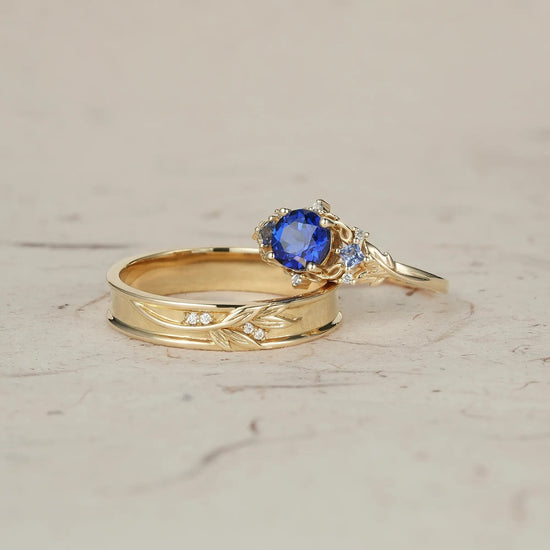 Three-Stone Royal Blue Sapphire Leaf Couple Rings