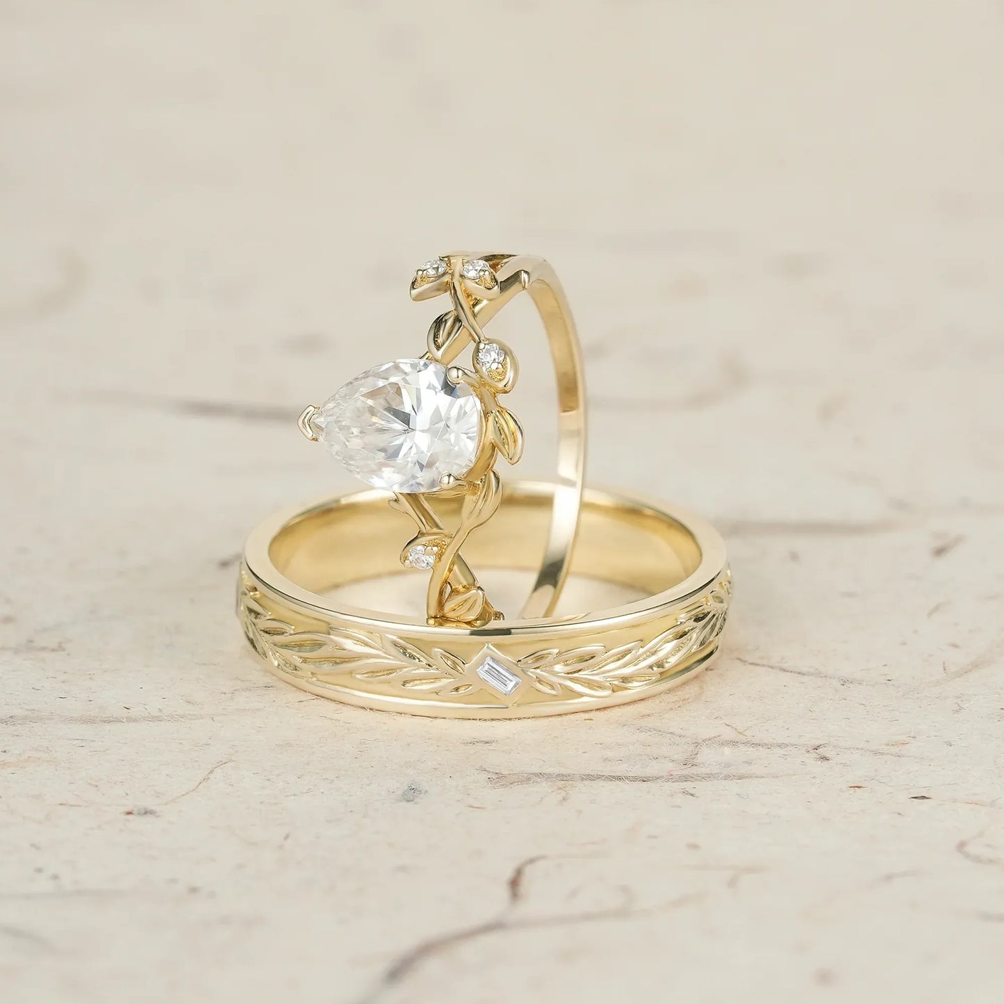 Vine Inspired Moissanite Couple Ring Set