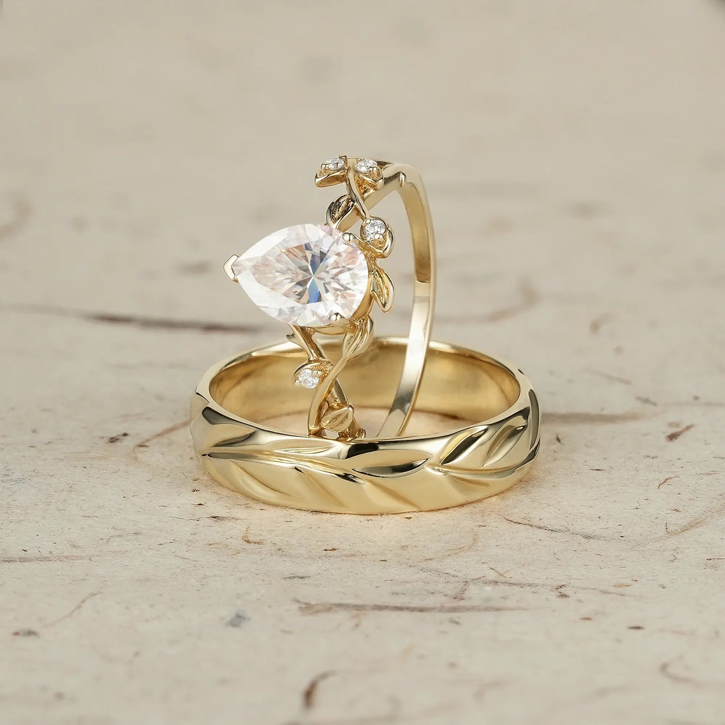 Pear-Cut Vine and Leaf Gold Couple’s Ring Set