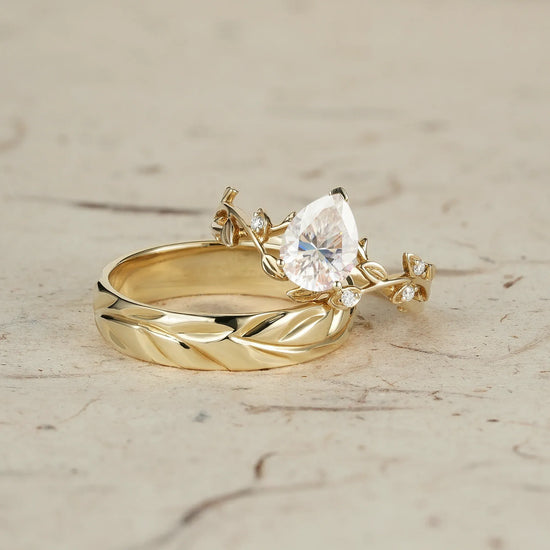 Pear-Cut Vine and Leaf Gold Couple’s Ring Set