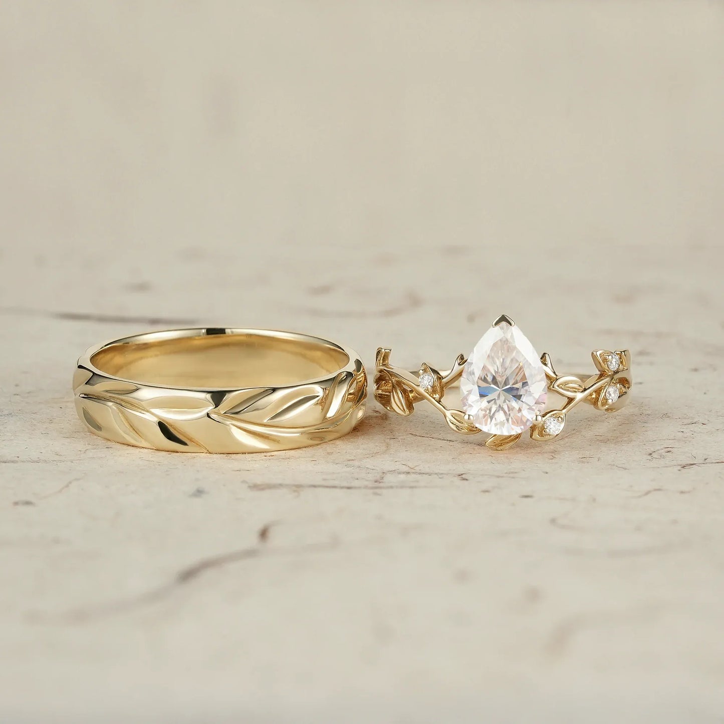 Pear-Cut Vine and Leaf Gold Couple’s Ring Set
