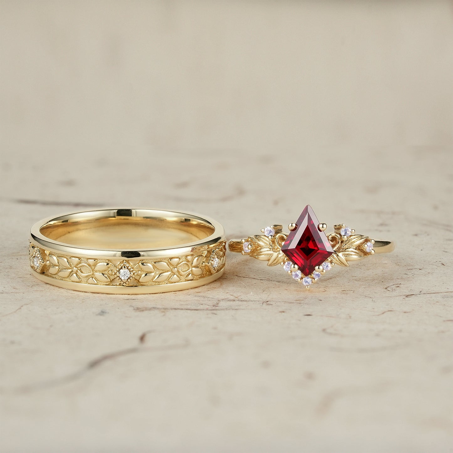 Ruby and Moissanite Leaf Couple Rings - Eternal Bond