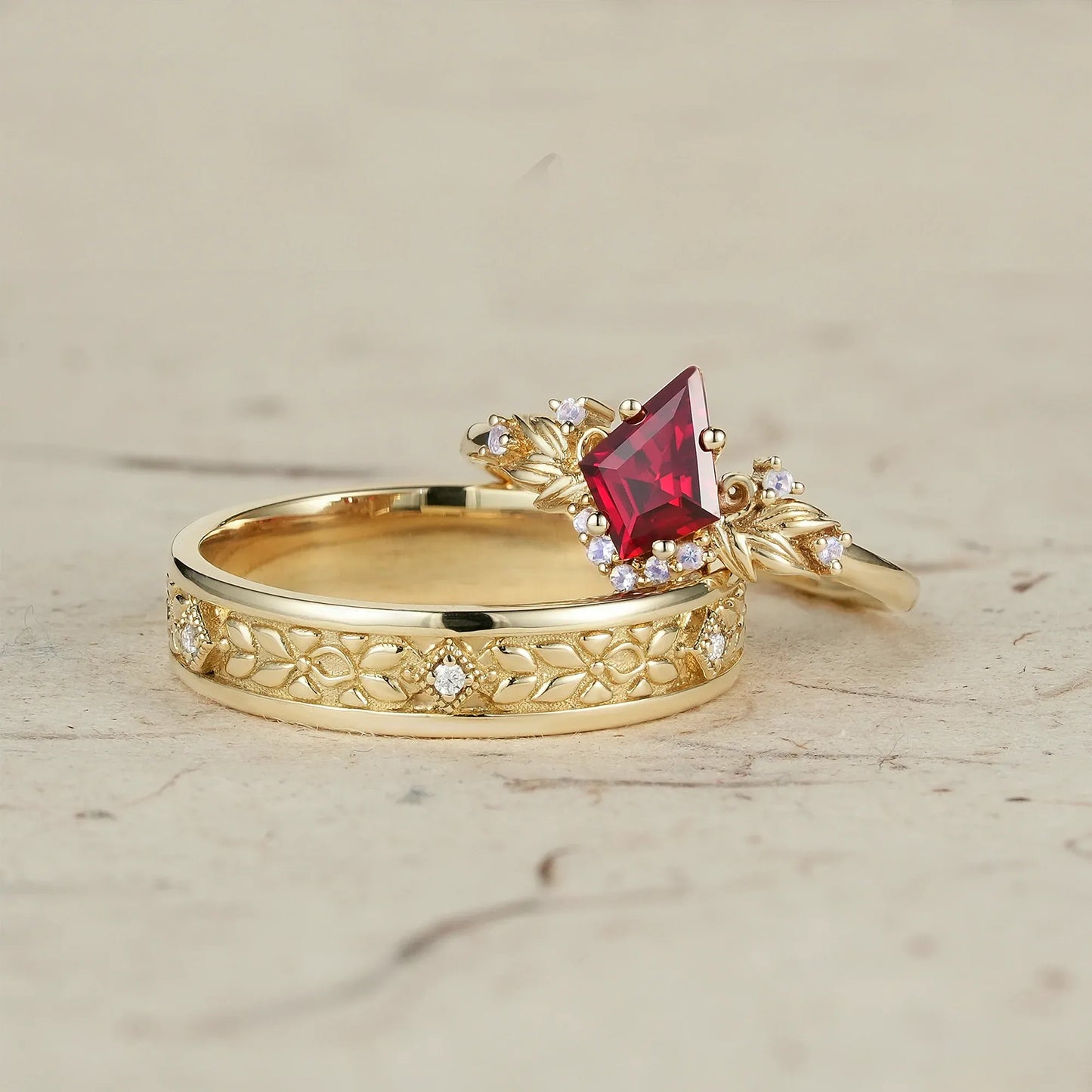 Ruby and Moissanite Leaf Couple Rings