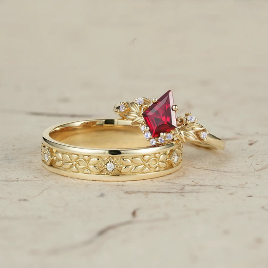 Ruby and Moissanite Leaf Couple Rings