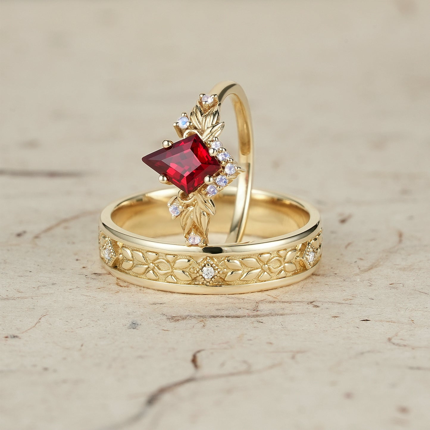 Ruby and Moissanite Leaf Couple Rings - Eternal Bond