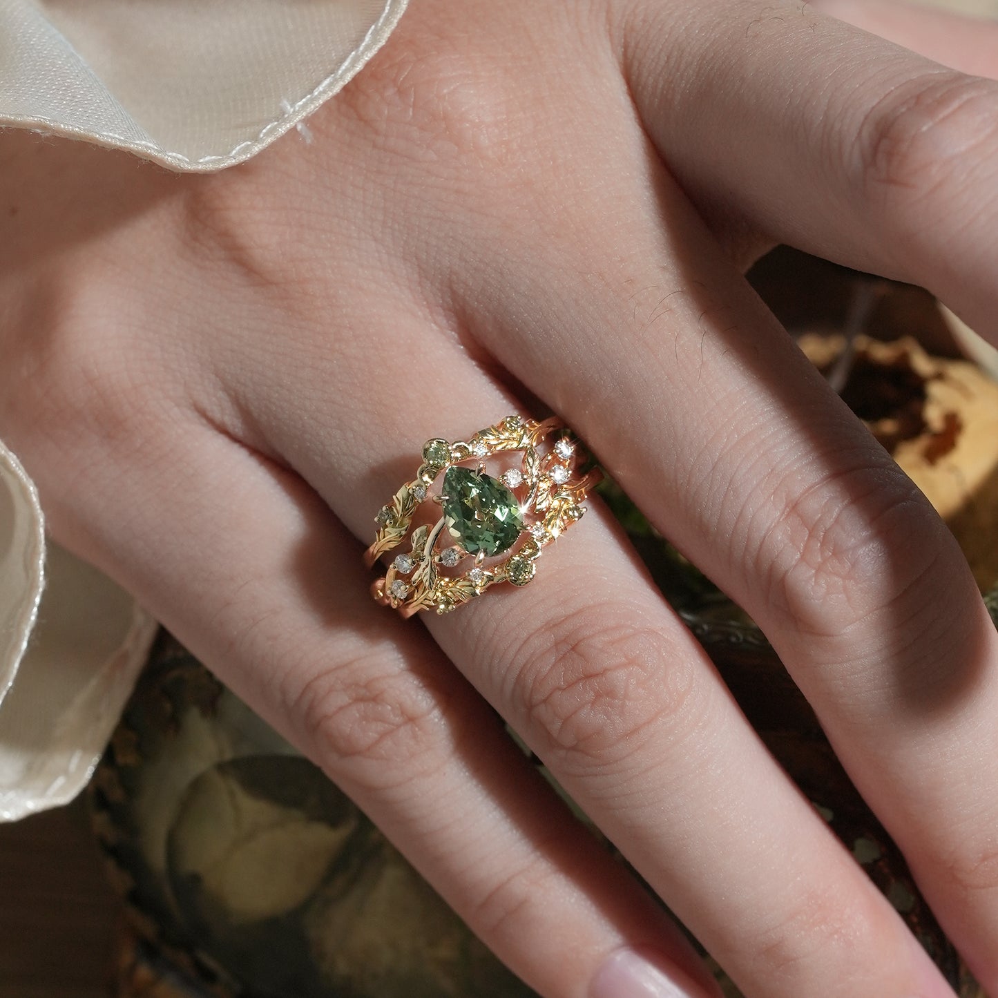 Pear Cut Green Sapphire Oak Leaf Inspired Enhancer Ring Set - Natalie