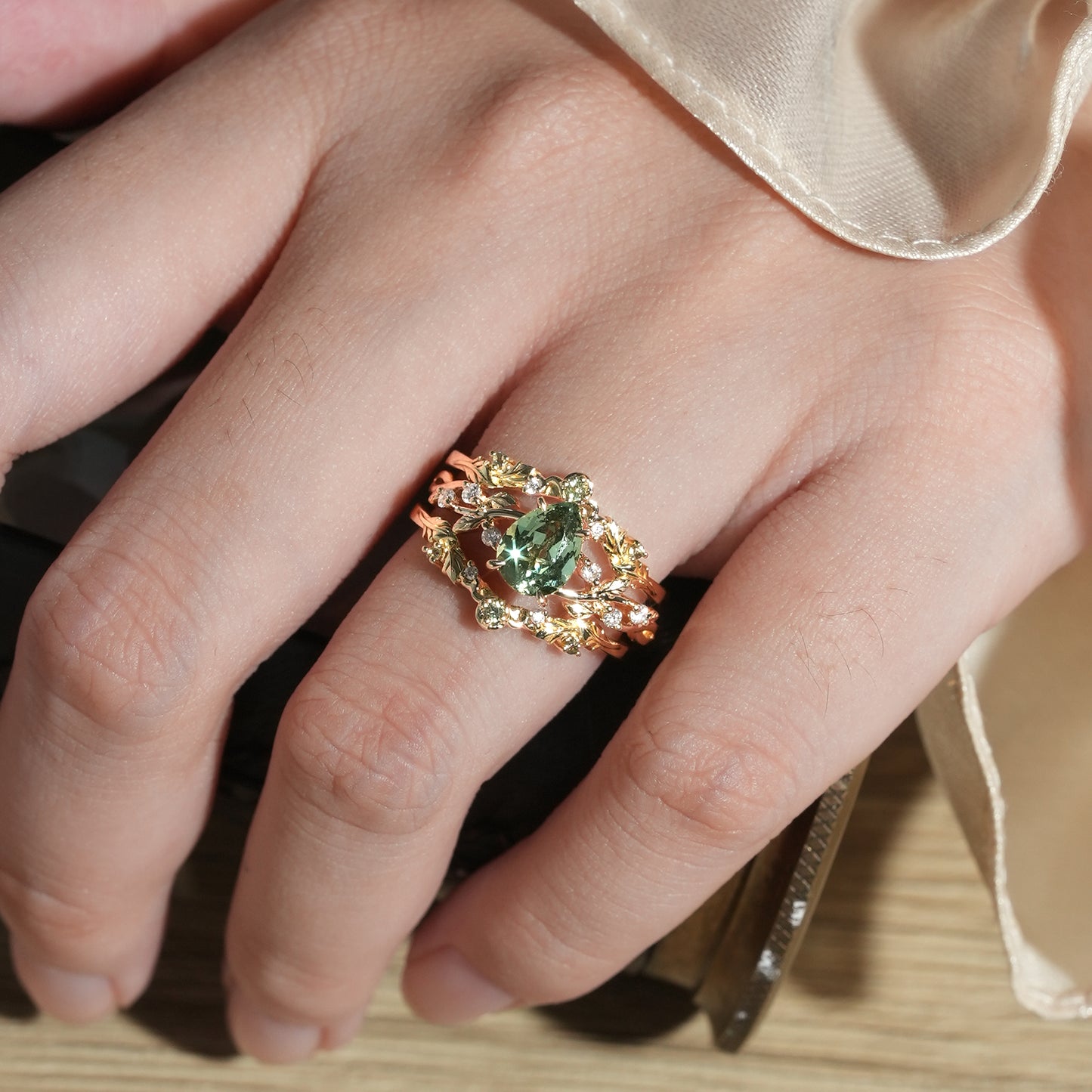 Pear Cut Green Sapphire Oak Leaf Inspired Enhancer Ring Set - Natalie