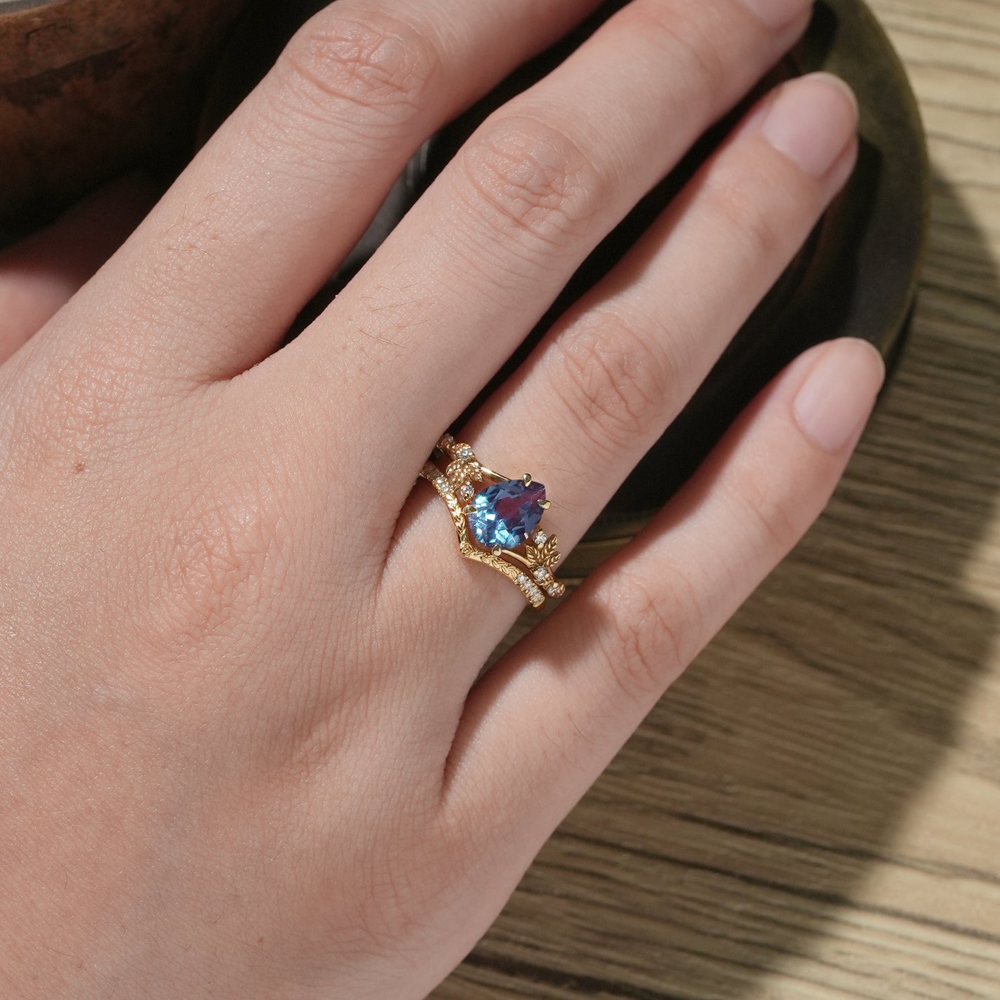 Alexandrite Engagement Ring Set with mossanite