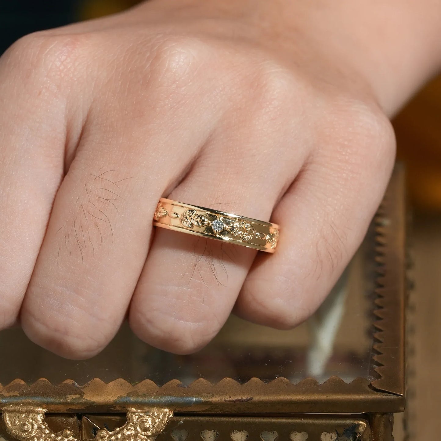 Leaf Inspired Men's Ring with Moissanite