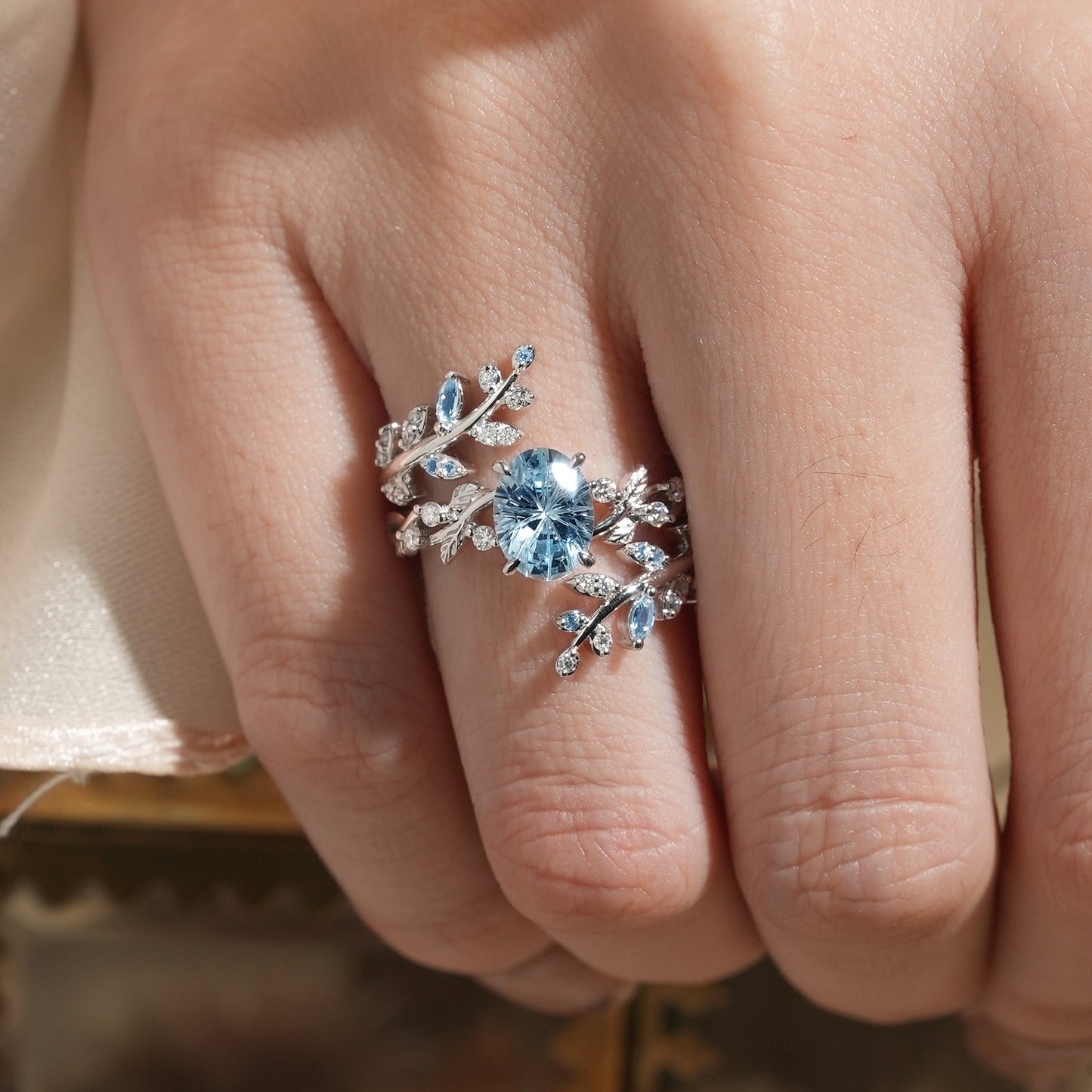 GemsMagic Starbrite Cut Lab Grown Aquamarine Cross Leaf Ehancer Ring Set - Kira
