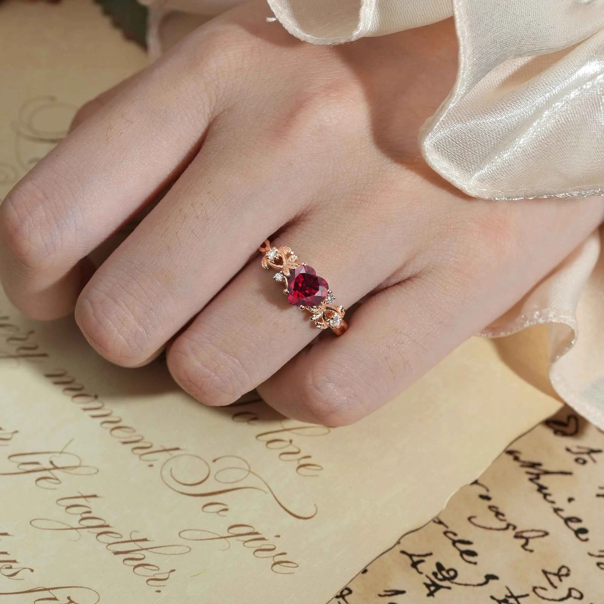 Heart Cut Ruby Leaf Inspired Engagement Ring