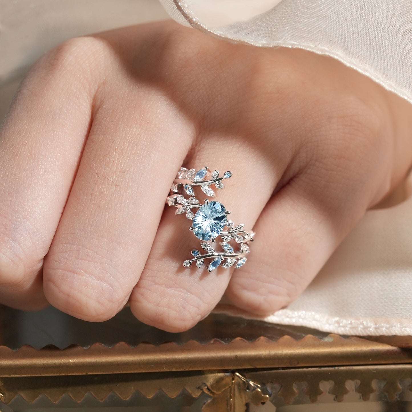 GemsMagic Starbrite Cut Lab Grown Aquamarine Cross Leaf Ehancer Ring Set - Kira